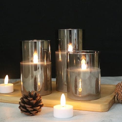 GenSwin Gray Glass Battery Operated Flameless Led Candles with 10-Key Remote and Timer, Real Wax Candles Warm White Flickering Light for Home Decoration(Set of 3) - Gray thumbnail 5
