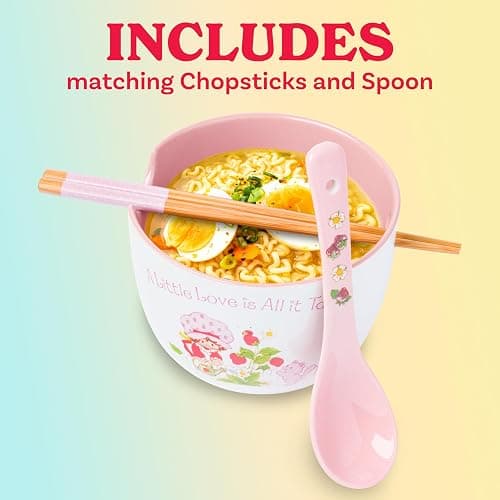 Silver Buffalo Strawberry Shortcake and Custard “A Little Love is All it Takes” Ceramic Ramen Bowl with Chopsticks and Spoon, 20 Ounces thumbnail 4