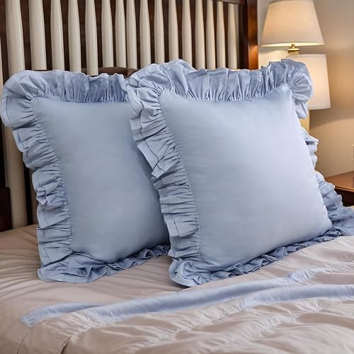 Lemfux Couch Pillow Covers Blue Ruffle Euro Pillow Shams,Set of 2, 24x24 Inch Cotton Decorative Pillowcases Shabby Chic Pillow Cases Pillow Cover Standard Size Coquette Pillow Covers - Haze Blue - 24" x 24" (Pack of 2) thumbnail 3