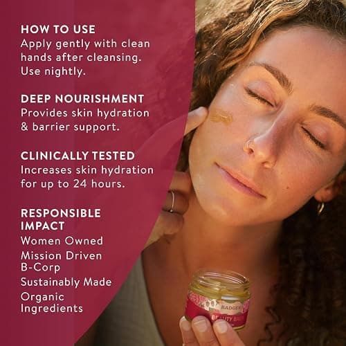 Badger Rose Beauty Balm, 100% Organic Nourishing Treatment For Face, Neck & Hands w/Pure Rose Essential Oil, Intensive Long Lasting Face Moisturizer for Women & Men, 1 oz Glass Jar thumbnail 5