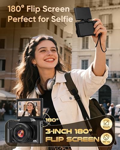 4K Digital Camera for Photography with WiFi,64MP Autofocus 3'' 180° Flip Screen 16X Zoom Vlogging Camera for YouTube, Compact Travel Camera for Beginners, Anti-Shake, 32GB Card, 2 Batteries, Black thumbnail 2
