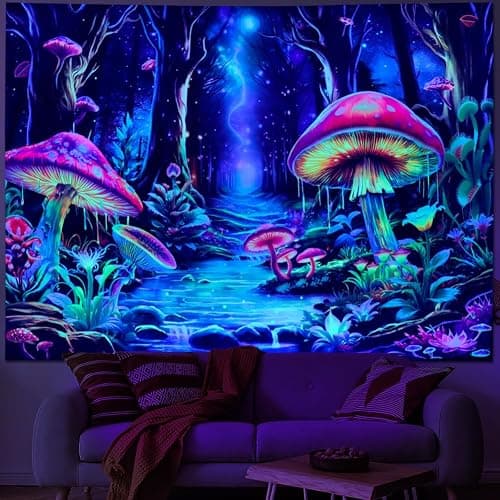 Yuiqear Blacklight Mushroom Tapestry Fantasy Forest Tree Tapestries UV Reactive Floral Plant Tapestries Neon Glow in The Dark Tapestry Wall Hanging for Bedroom Aesthetic Decor thumbnail 2