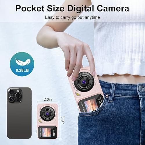 QUOLODOO Digital Camera, 4K 64MP Dual Screens Camera, 18X Zoom, Point and Shoot Digital Camera with 64GB TF Card & 2 Batteries, Portable Rechargeable Small Camera for Kids Teens Adult (Pink) thumbnail 3