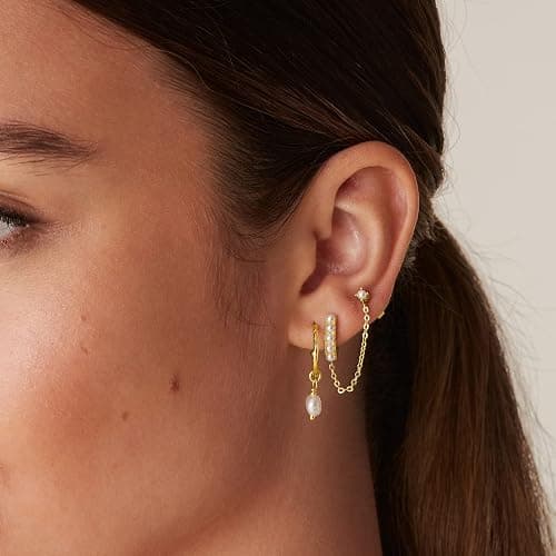 PAVOI 14K Gold Chain Earrings for Women | Double Piercing Dangle Chain Huggie Hoop Earrings | Cubic Zirconia Pearl Stud Ear Cuff Earrings for Women thumbnail 2