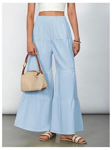 WDIRARA Women's Flowy Boho Elastic High Waist Ruffle Hem Wide Leg Beach Loose Palazzo Pants thumbnail 2