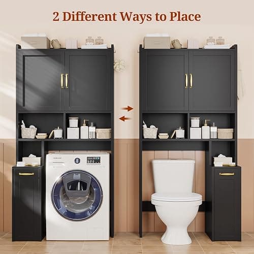 UPOSOJA Over The Toilet Storage Cabinet with Pulley Small Bathroom Storage Cabinet, Space Saver W/Adjustable Shelf & Open Shelf for Bathroom, Restroom, Laundry (Black) thumbnail 4