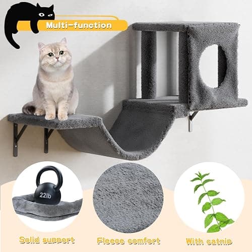 NUNU LAB Cat Wall Shelves, 6 Pcs Luxury Wall-Mounted Cat Climber Set, Indoor Cat Furniture with 1 Condos House, 2 Cat Wall Shelves, 1 Scratching, 1 Bridge Ladder, 1 Scratching Pad, Dark Gray thumbnail 6