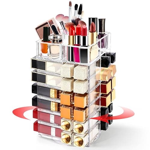 FODIENS Acrylic Lipstick Tower, Rotating Lipstick Organizer with 53 Slots | 360-Degree Rotating Makeup Cosmetic Lipstick Holder, Clear Spinning Lipgloss Storage Display Stand - Image 1