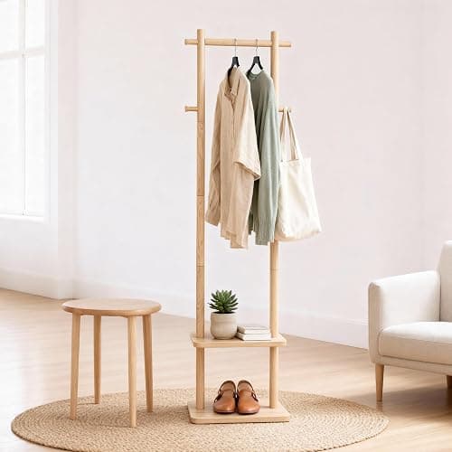 GZQXHOME Wooden Coat Rack Freestanding,Hall Tree with Sturdy Base,Clothing Rack for Hanging Clothes,Small Clothes Rack with 3 Storage Shelves,Space Saving for Entryway, Hallway, Bedroom (Natural) thumbnail 6