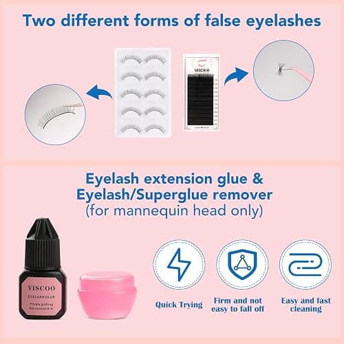 Eyelash Extension Kit for Beginners, Professional Lash Extension Kit with Mannequin Head, Lash Starter Kit with Lash Fan, Lash Extension Supplies for Practice Training Kit thumbnail 5