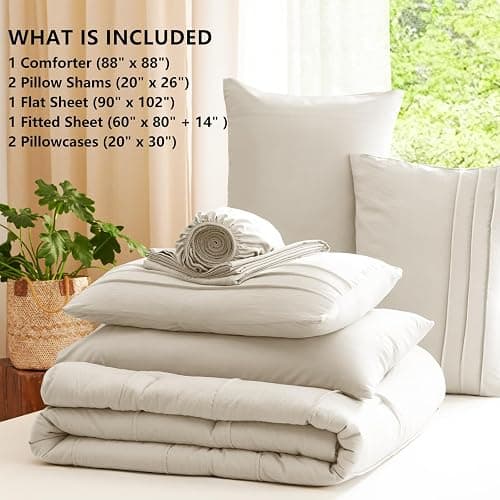 CozyLux Comforter Set Queen Size, Beige 7 Pieces Soft Pinch Pleat Bed in a Bag Queen Comforter Set with Sheets, Boho Bed Set with Down Alternative Comforter, Sheets, Pillowcases & Shams thumbnail 6