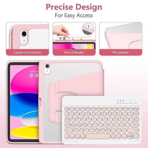 besky Keyboard case for iPad A16 11th 10th Generation 11/10.9 inch, Detachable Keypad，360 Rotatable Magnetic Cover with Pencil Holder for iPad 11 2025 10 Gen 2022 - Light Pink thumbnail 5