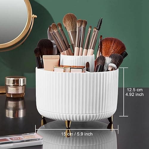 Diesisa Makeup Brush Holder Organizer,360° Rotating Makeup Brush Organizer,5 Slot Make up Brushes Cup for Cosmetics, Nail Polish, Art Supply, Bathroom Vanity Desktop Organizer - White thumbnail 6
