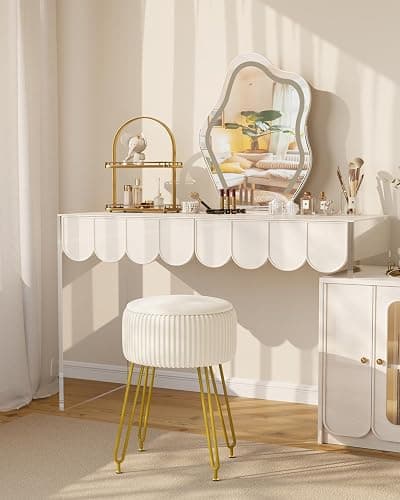 IBUYKE Velvet Storage Footrest Stool Ottoman, Makeup Vanity Stool Side Table with Golden Steel Legs Removable Cover, Coffee Table Top Cover, Creamy-White LG-20M thumbnail 4