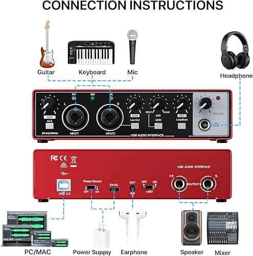 EBXYA 2i2 USB Audio Interface for PC Recording, 24-bit/192kHz Plug and Play USB Interface +48V Phantom Power for Music, Studio, Guitar, Podcast, Streaming(Metallic Red) thumbnail 2