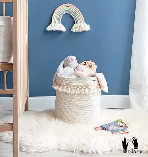 Mkono Macrame Decorative Cotton Rope Basket Boho Nursery Decor Small Cute Woven Tassel Closet Storage Bins Organizer for Baby Toys,Magazines, Potted Plants Cover,Living Room,Bedroom, 11"x11" thumbnail 4
