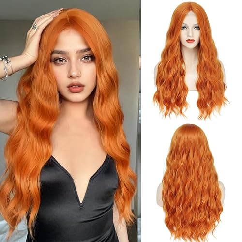 YBYMCAI Long Orange Wavy Wigs for Women Middle Part 26 inch Natural Curly Synthetic Wig Heat Resistant Fiber Wigs for Daily Party Use - Orange - Image 1