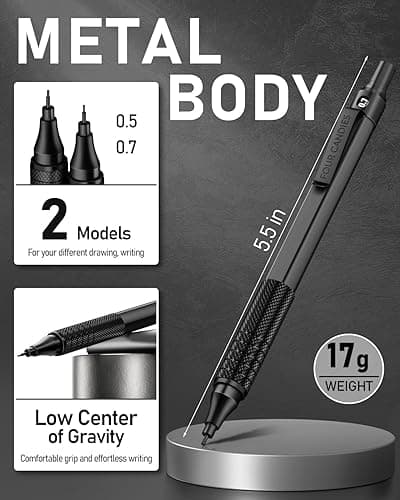 Four Candies 2PCS Metal Mechanical Pencils Set with Case, 0.5mm & 0.7 mm Artist Pencil with 6 Tubes (360PCS) HB Lead Refills, 3 Erasers,9 Eraser Refills For Writing Drafting, Drawing, Black&Silver thumbnail 7