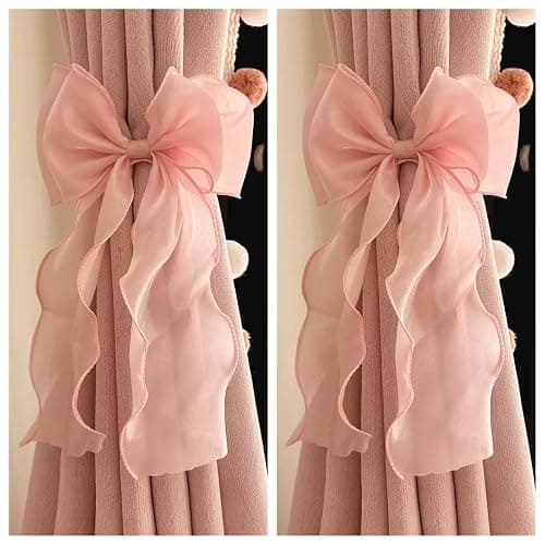 2 Pack French Silky Bow Curtain Tiebacks, Elegant Lace Ribbon for Curtains Decorative Rope Accessories Home Décor (Pink,2) thumbnail 4