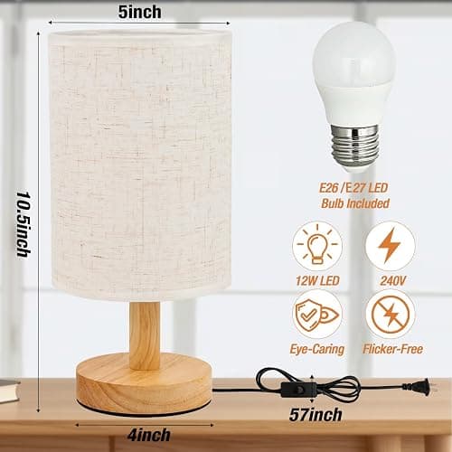 EZIYIN Desk Lamp LED Bulb Included, Small Bedside Table Lamp Plug-in - Classic Wood Base with Flaxen Fabric Shade, Lamps for Night Stands, Simple Nightstand Light for Bedroom, Office, Desk thumbnail 2