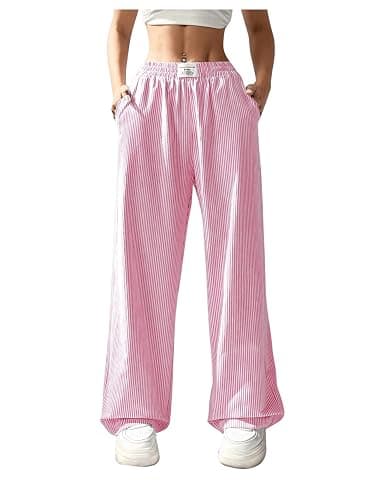 WDIRARA Women's Striped Print Straight Leg Pants Elastic Waist Casual Trousers with Pockets - Image 1