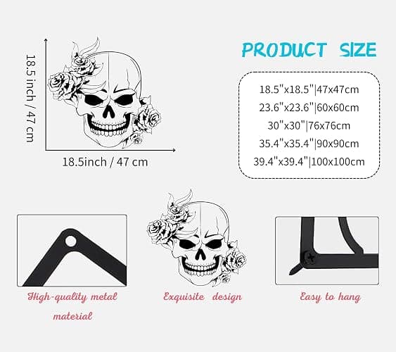sugar skull metal wall art, Skull Metal Wall Art, Gothic Metal Wall Decor, Skeleton Metal Wall Art, Skull Metal Wall Decor, Halloween Wall Art, Home Office Decoration Bedroom Living Room Decor Sculpture (23.6"x23.6"|60x60cm, Black) - 23L"x23 - Black thumbnail 3