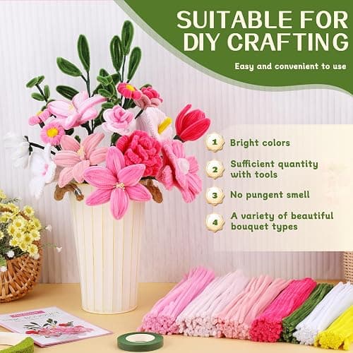 550 Pcs Pipe Cleaners Craft, 7 Colors Chenille Stems Pipe Cleaners Flower Kit, Pipe Cleaner Bulk Flower Making Crafts Kit with Supplies, Instructions for Festival Home Decor thumbnail 4