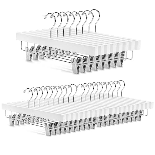 Nature Smile Deluxe Wooden Pants Hangers, Solid Lotus Wood, with Clips, Pack of 28, White - Image 1