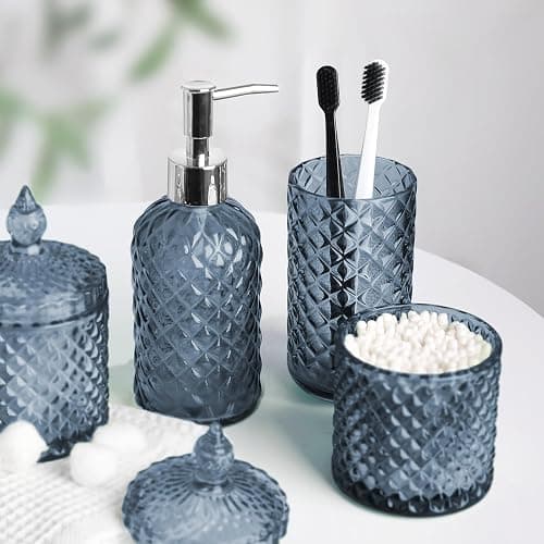 RYTOXILO Blue Bathroom Accessories Set, 4 Pack Light Blue Bathroom Decor Accessory Sets Complete, Diamond Glass Soap Dispenser and Toothbrush Holder Set for Bath Counter Organizer Essentials thumbnail 6