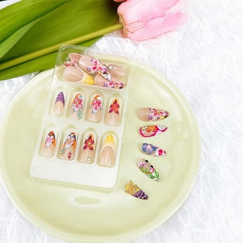 24pcs Colorful Flower Press on Nails Medium Almond Fake Nails with 3D Summer Floral Butterfly Rhinestone Design Glue on Nails French Tip False Nails Gold Beads Acrylic Nails Stick on Nails for Women thumbnail 6