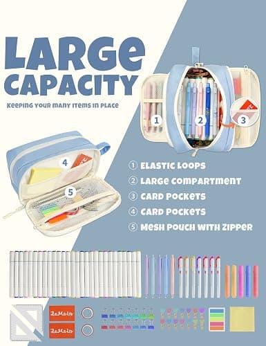 SUNEE Large Pencil Case, Big Capacity Pen Pouch with 3 Compartments, Kawaii Cute Pencil Bag with Zipper, High Storage Stationery Holder and Organizer, School Supplies for Teen and Adult Girls, Blue thumbnail 4