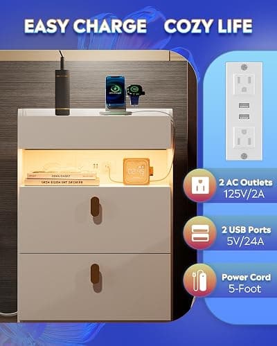 WLIVE White Nighstand with Charging Station and LED Lights, Night Stand with Sliding Top, Modern Bedside Table with 2 Drawers, End Tables for Bedroom, Living Room, White thumbnail 5