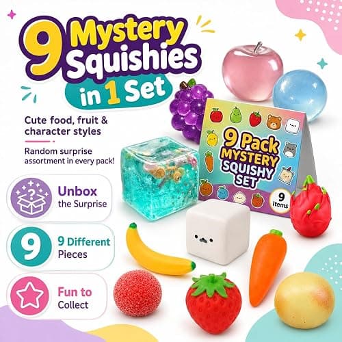9 Pack Squishy Squeeze Toys Set, Mystery Food & Fruit Squishies (Strawberry, Carrot, Grape & More), Soft Sensory Stress Relief Toys for Kids & Adults, Birthday Party Favors (Color A) thumbnail 2