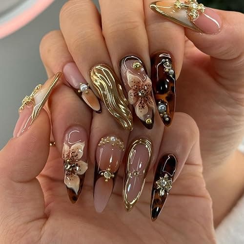 Gleamrain Stiletto Press on Nails Long Almond Brown False Nail with Flower and Swirl Designs 3d Fall Nails Press Ons for Women 24pcs thumbnail 4