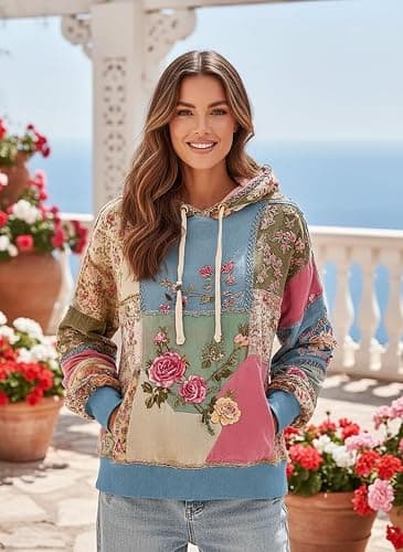 BAIREG Women's Vintage Boho Patchwork Floral Hoodie Oversized Rose Print Sweatshirt Casual Loose Pullover with Drawstring thumbnail 3