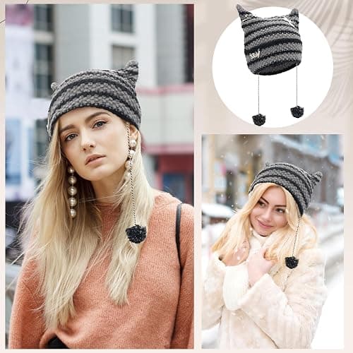 Scettar 2 Paare Damen Lange Fingerlose Handschuhe ，1 Paar Katzenohren-Mützen，Gestreift Stricken Armwärmer für Frauen, Y2k Streifen Fingerlose Armstulpen Handschuhe für Herbst Winter thumbnail 6