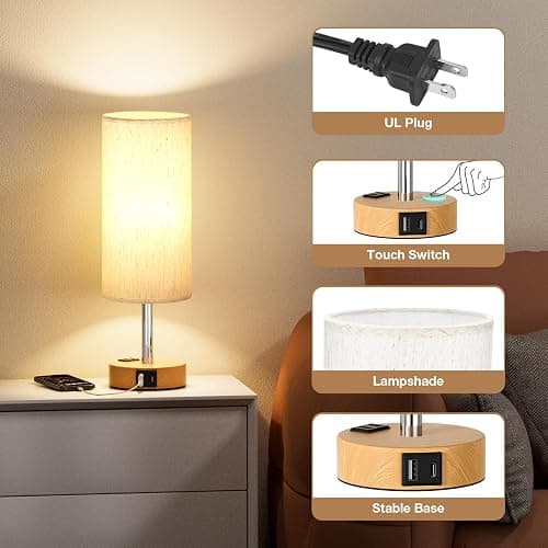 Table Lamp for Bedroom Set of 2 - Touch 3 Way Dimmable Bedside Lamps with USB C and A Ports, Night Lamp for Nightstand with AC Outlet, Desk Lamps for Living Room, Reading Room, Kids Room, Office thumbnail 3