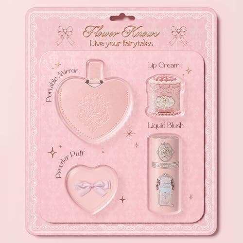 Flower Knows Strawberry Kiss Delight Set 4 Pieces Strawberry Cupid Makeup Gift Kit,Includes Lip Cream,Liquid Blush,Portable Mirror,Powder Puff,Portable Beauty for Women Girls(Strawberry Delight) - Image 1
