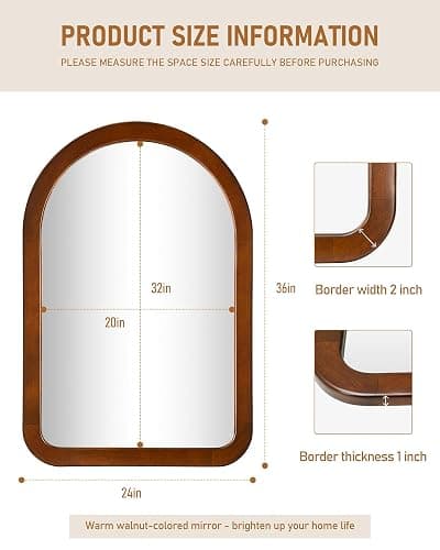 Arched Mirror 24 x 36 Inch,Walnut Brown Wood Rustic Bathroom Wall Mirror | Tempered Glass Hanging Mirror with Wooden Frame,Round corner Arch Farmhouse Vanity Mirror for Living Room,Entryway or Bedroom thumbnail 3