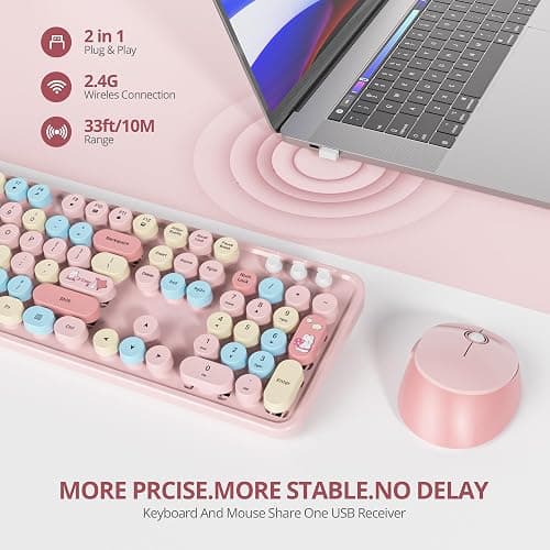 SbocKeeb Pink Keyboard and Mouse Wireless, American QWERTY Cute Typewriter Wireless 2.4GHz Colorful Full Size Keyboard with Number Pad, for Windows PC Laptop,Colorful Pink thumbnail 2