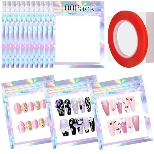 Qenk 100PCS Empty Holographic Nail Storage Bag Press on Nail Packaging Bag and 100PCS Shiny white cardboard Nail Tips Packaging Bags with 1 Roll Transparent Tape - Image 1