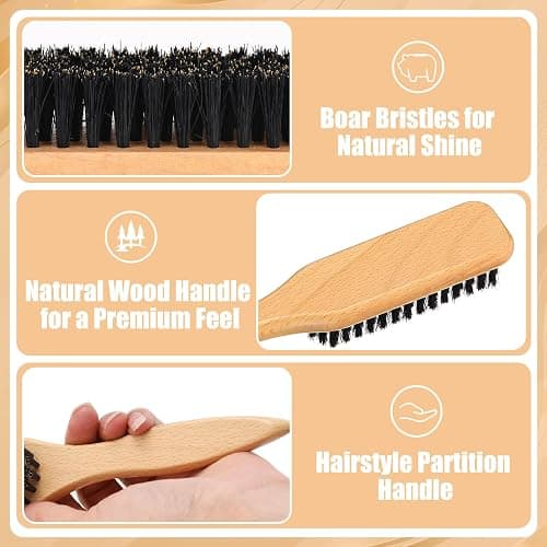 6PCS Boar Bristle Slick Back Hair Brush with Edge Brush Rat Tail Comb, Wide Tooth Comb for Men Women thumbnail 3