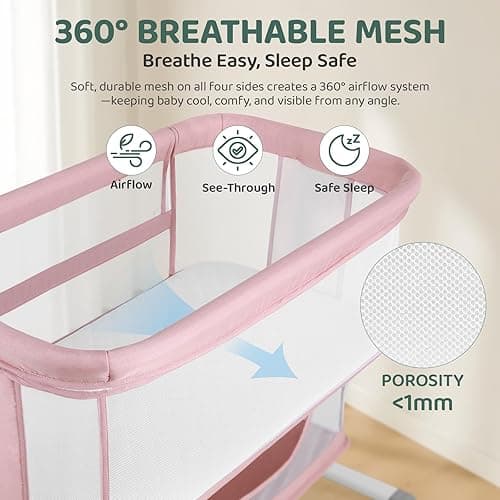 Cowiewie Bassinet Bedside Sleeper, Portable, Breathable, Adjustable Baby Bedside Bassinet for Peaceful Nights, Pink thumbnail 5
