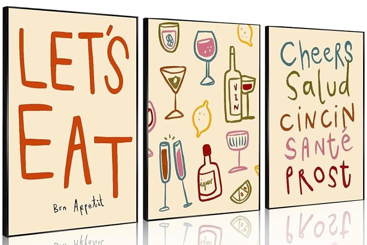 3 Pcs Retro Colorful Drinks Alcohol Bottles Cheers Wall Art Let's Eat Paintings Prints Posters Cincin Cocktail Letter Canvas Wall Decor for Kitchen Dinner Table Bar Cart Living Room 16x24in Unframed - Image 1