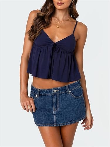 Women Y2k Flowy Ruffle Hem Cami Tank Top Casual Solid Color Deep V Neck Sleeveless Peplum Camisole Summer Beachwear thumbnail 2