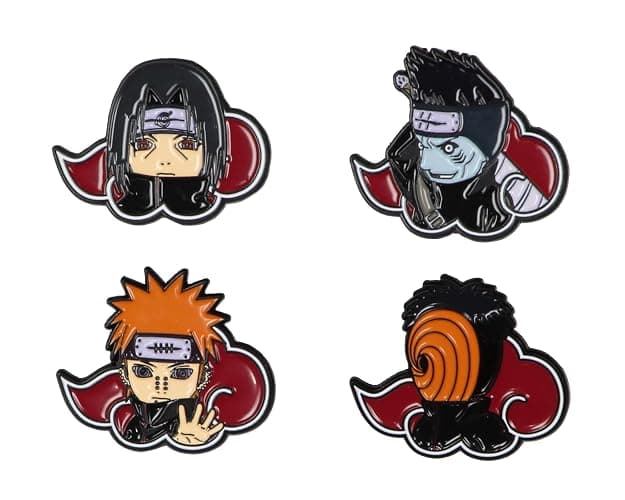 Naruto Akatsuki Itachi Obito Kisame Nagato Red Cloud Embossed Anime Manga Enamel Pin 4 Pack - Image 1