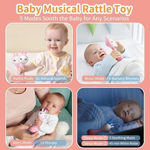 alilo Smarty Bunny Baby Rattle Musical Light Up Sensory Toys, Infants Newborns Baby Teething Toys 0-3-6-7-12 Months,1 Year Old boy/Girl Gifts 4 Music Modes and Color Recognition Function (Pink) thumbnail 3