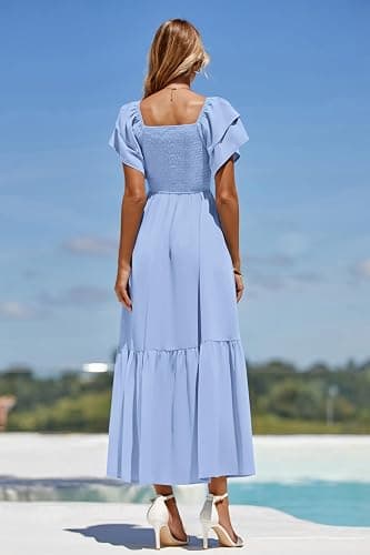 MASCOMODA Womens Summer Casual Midi Dress Square Neck Ruffle Short Sleeve Smocked High Waist A Line Wedding Guest Dresses thumbnail 7