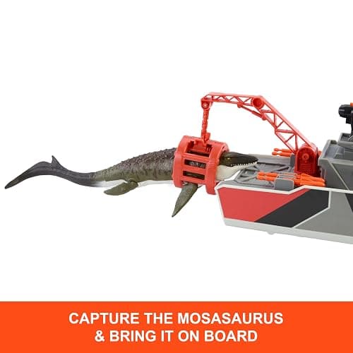 Mattel Matchbox Toy Car Playset, Jurassic World 12.5” Dino Boat with 13” Mosasaurus Dinosaur, 1:64 Die-Cast Jeep, Harpoon Missiles & Detachable Rescue Boat thumbnail 4