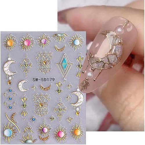 Sun Moon Nail Art Stickers 5D Embossed Totem Bohemian Style Nail Decals 2PCS Metallic Gold Lace Lines Green Gem Luxury Design Nails Adhesive Stickers Supply for Women DIY Manicure Decorations thumbnail 6